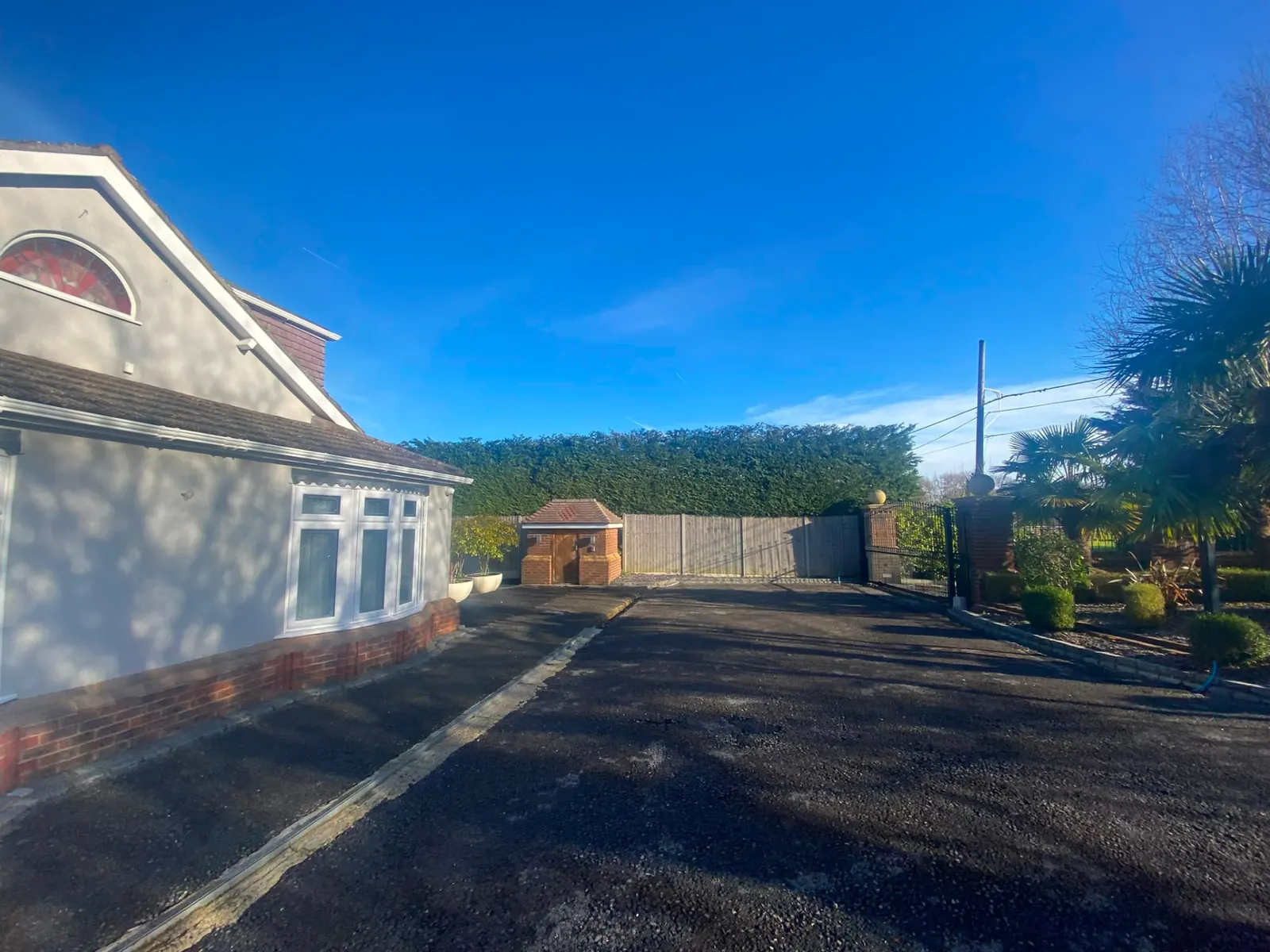 The same hedge after trimming, cut level and square along the length of the driveway
